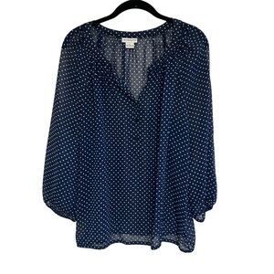 Liz Claiborne Semi Sheer Blue and White Polka Dot 3/4 Sleeve Blouse Sz Large
